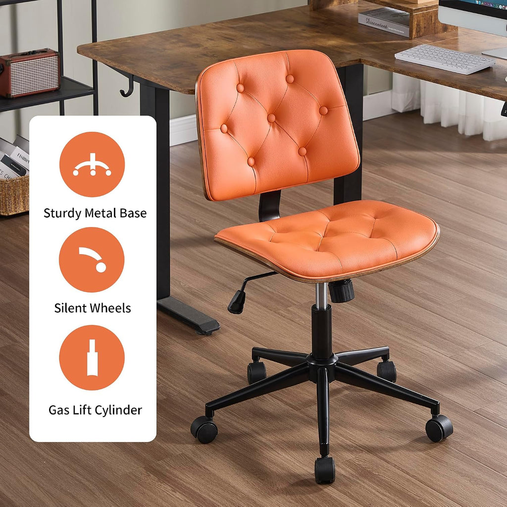 VipDesk Small Home Office Chair - Armless Mid Back Desk Chair with 360° Swivel and Wheels, PU Upholstered Height Adjustable Modern Walnut Computer Chair for Home, Office Meeting Room - Orange