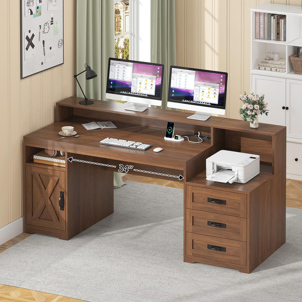 65" Farmhouse Computer Desk with Drawers and Printer Stand for Home Office