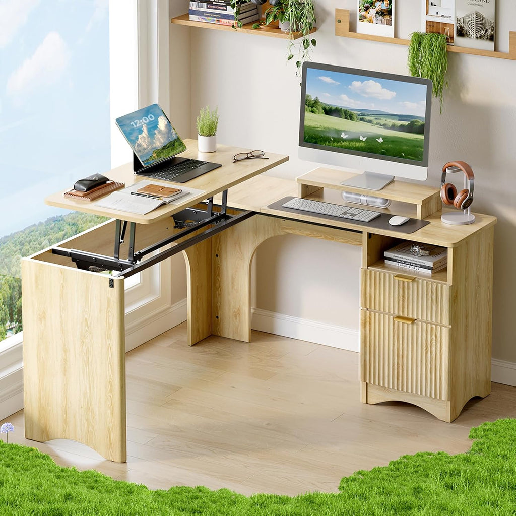 Bestier: 55" L-Shaped Student Study Desk with Manual Lift Top, USB Charging & File Drawer