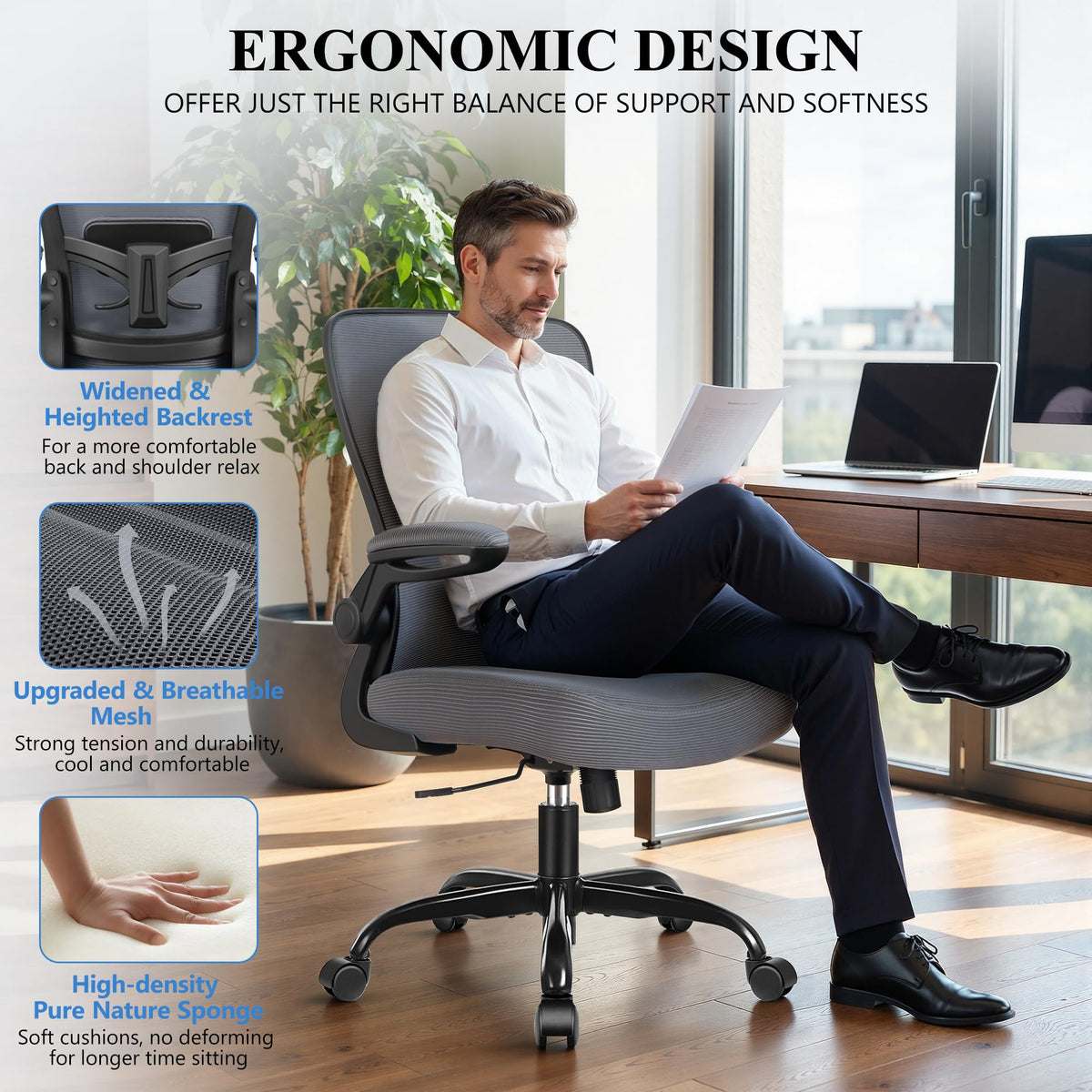 FelixKing Office Chair, Ergonomic Desk Chair Breathable Mesh Chairs Adjustable High Back Lumbar Support Flip-up Armrests, Executive Rolling Swivel Comfy Computer Chairs Home Office Black