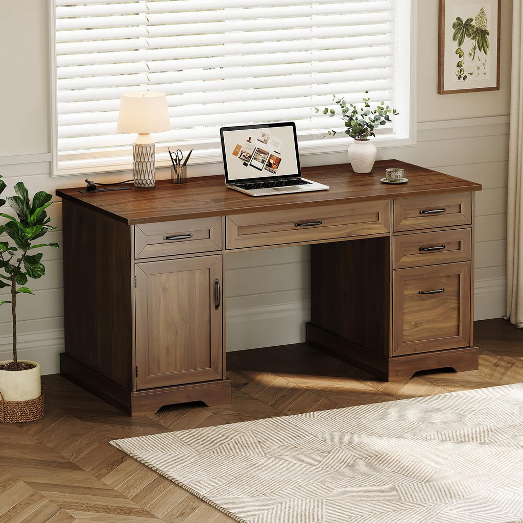 OffiGo Farmhouse 59 Inch Executive Desk with Drawers, Walnut+White