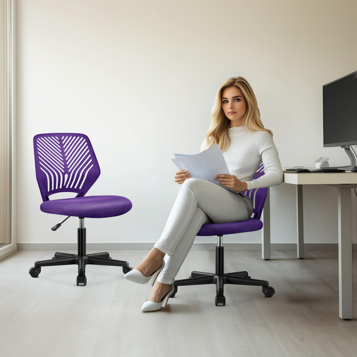 Yaheetech Small Desk Chair, Armless Adjustable Swivel Seat, Green