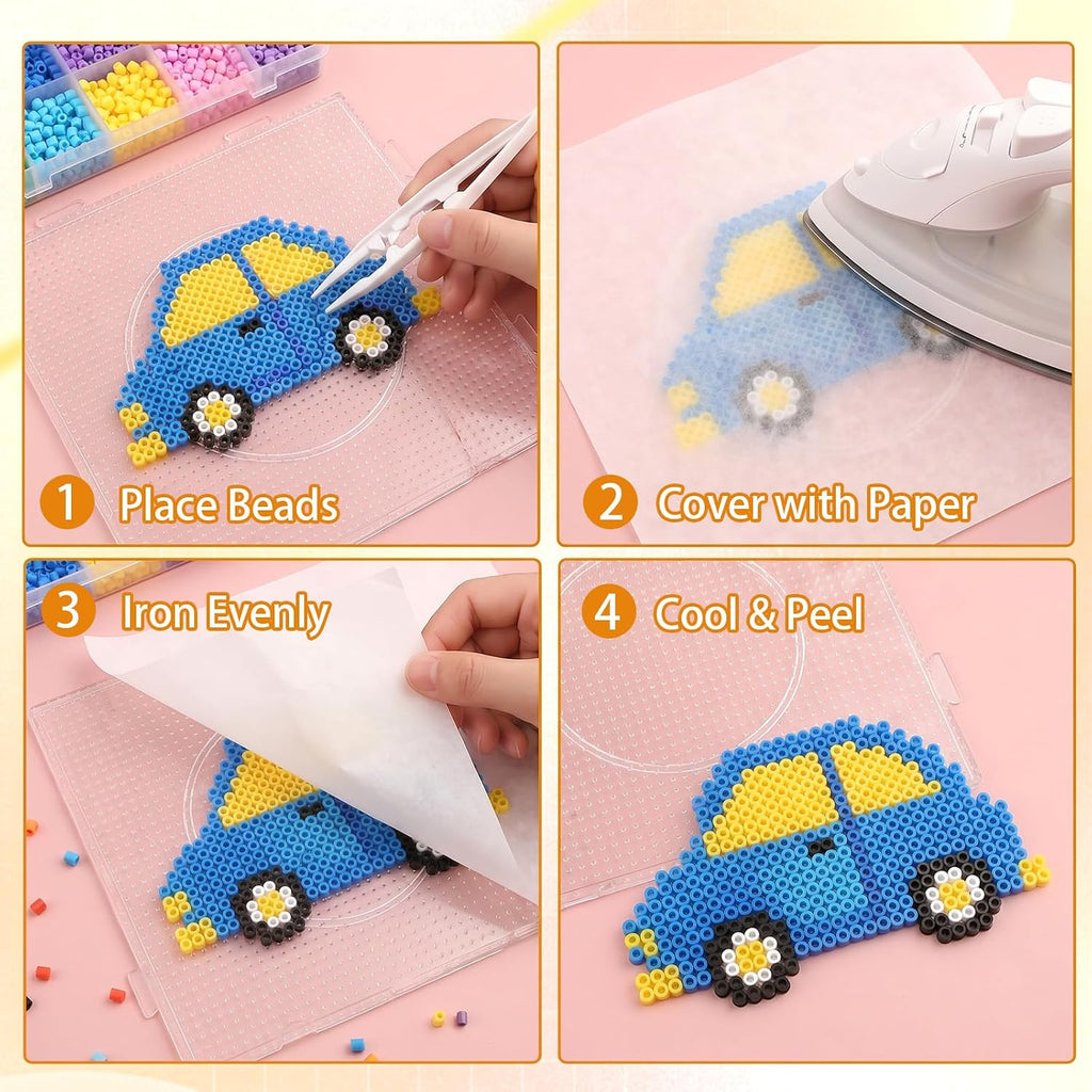 Fuse Bead Boards, 4 Pcs 2.6mm Heat Resistant Clear Plastic Pegboards, 10 Pcs Ironing Papers and 2 Pcs Beads Tweezers for Adults School Party DIY Craft Gifts