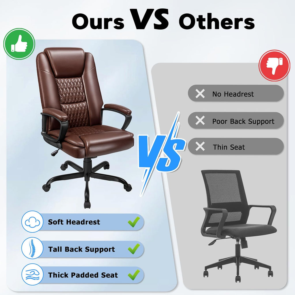 Office Chair, High Back Ergonomic Home Office Desk Chairs with Lumbar Support, Adjustable Big and Tall Computer Chair, 360° Swivel, PU Leather, Brown