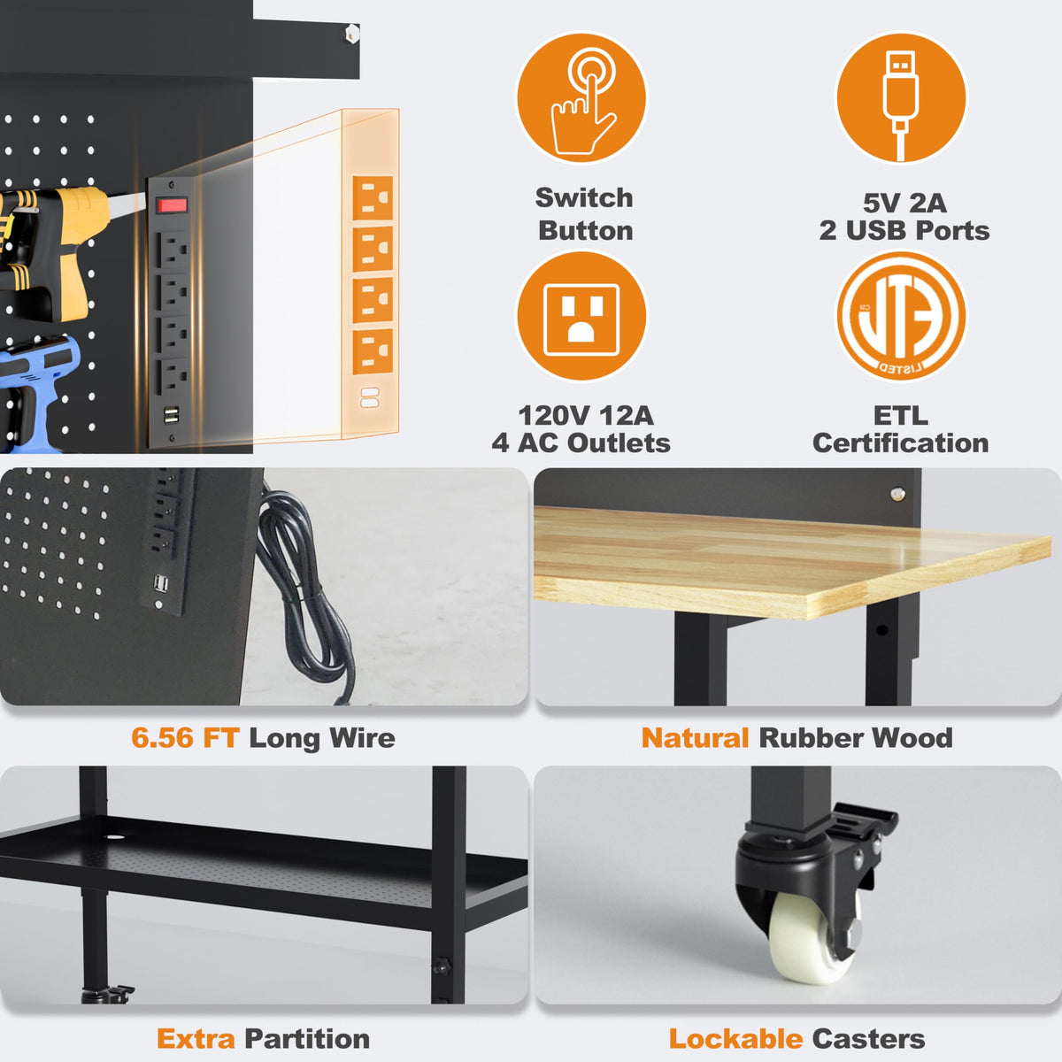 Betterhood 48" Heavy-Duty Adjustable Workbench for Garage, Rubber Wood Shop Table W/Metal Wheels, Hardwood Workstation Weight Capacity Over 2000 Lbs with Wheels