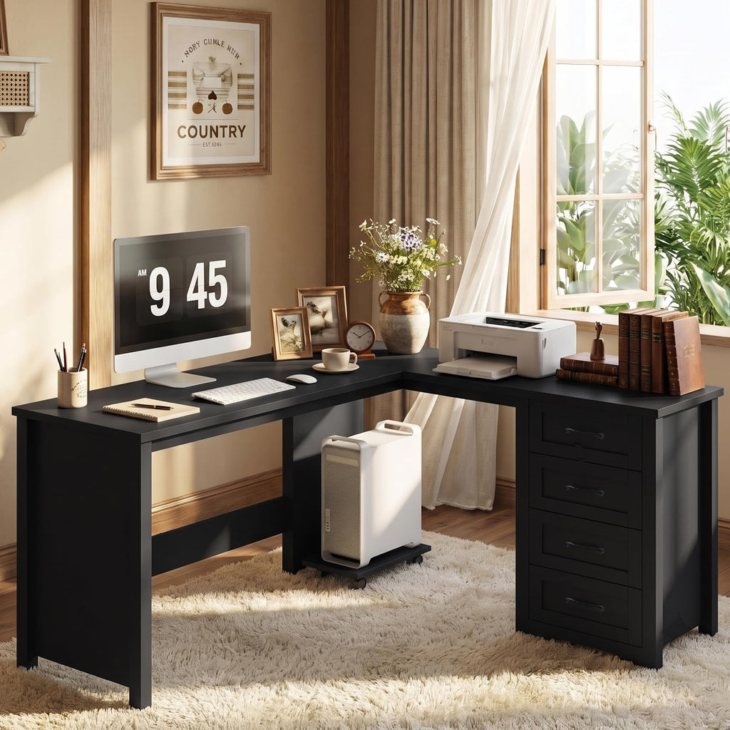 Vabches: 61" Farmhouse L-Shaped Student Study Desk with Drawers & Mobile CPU Mount