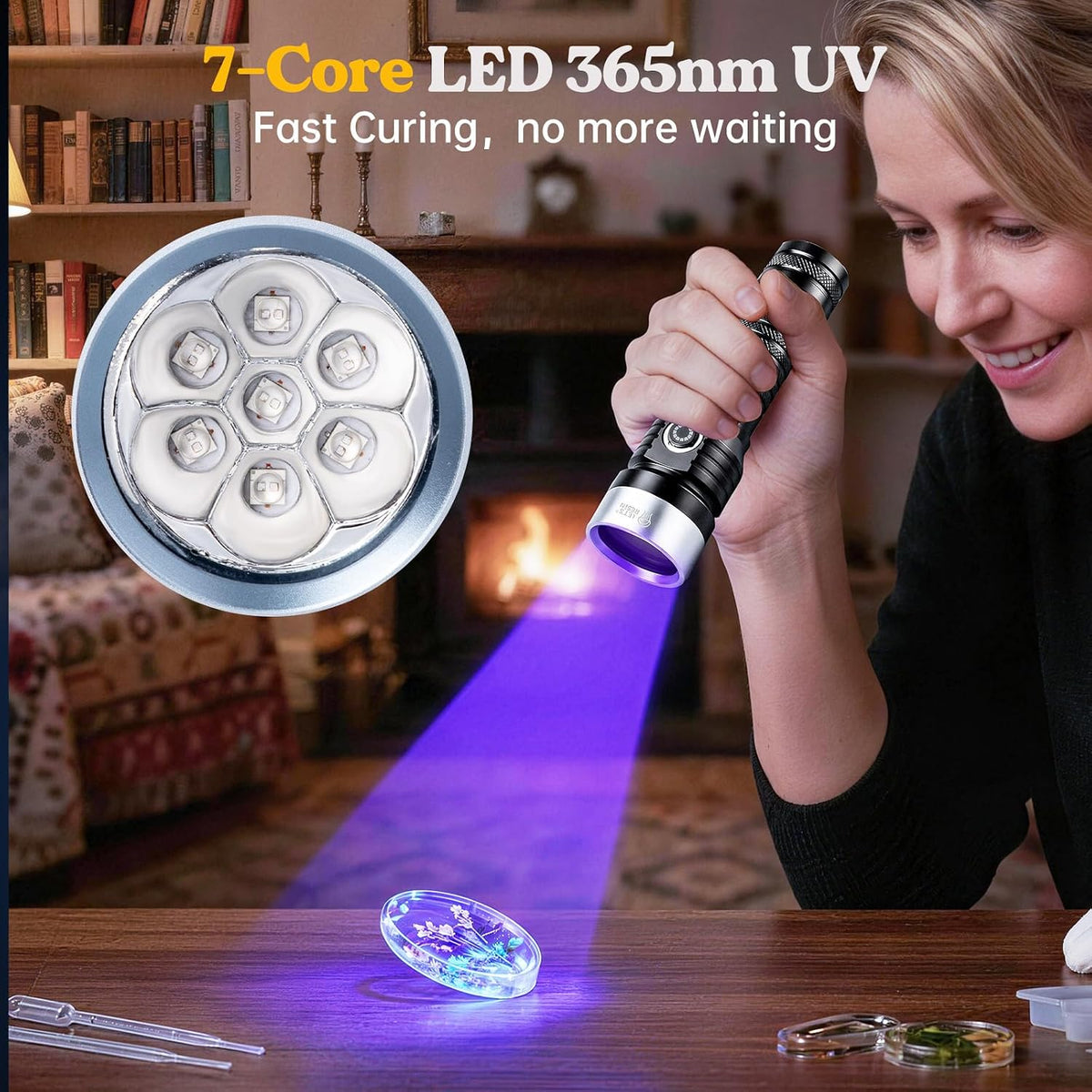 LET'S RESIN 365nm UV Flashlight, 7 LEDs, USB-C Rechargeable, 3000 mAh