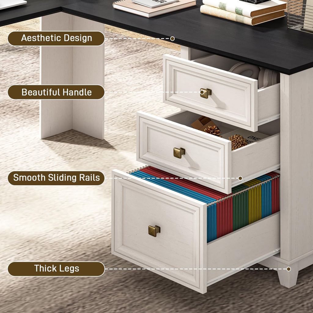 Vabches 51" Executive Desk Farmhouse Home Office Desk with Charging Station, LED Light, File Drawer, Storage Cabinet, Monitor Stand, Wood Computer Desk with Hutch for Work Study Writing (White)