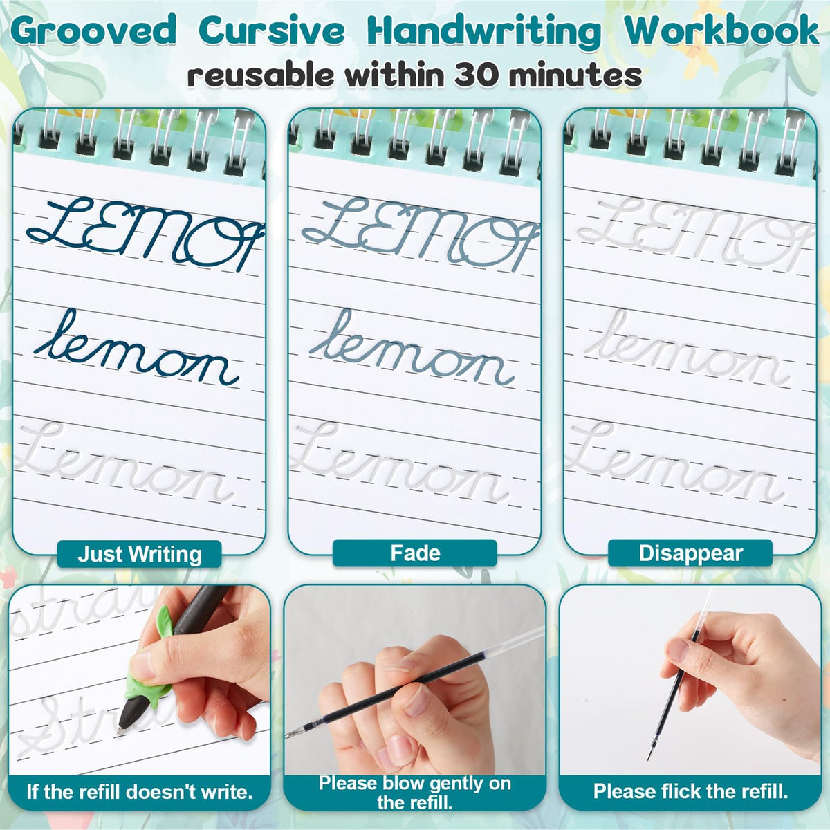 Grooved Cursive Handwriting Workbook Magic Reusable Grooved Cursive Handwriting Practice Guided Tracing with Disappearing Ink Pens for Beginners Kids Learning Activities Supplies (Letters)