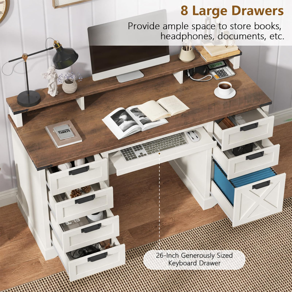 Vabches 51" Executive Desk Farmhouse Home Office Desk with Charging Station, LED Light, File Drawer, Storage Cabinet, Monitor Stand, Wood Computer Desk with Hutch for Work Study Writing (White)