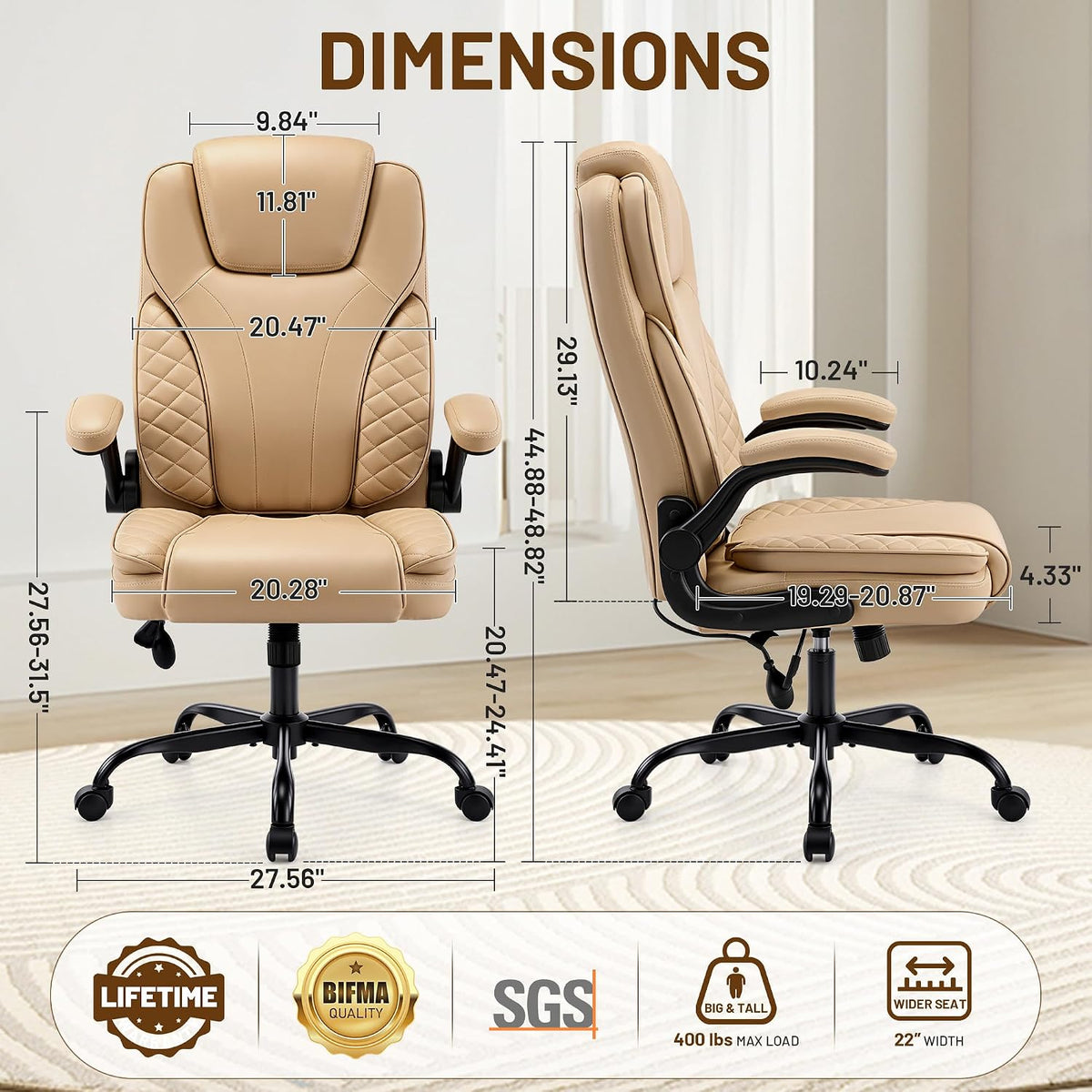 Ergonomic Office Chair, PU Leather High Back Executive Chair with Adjustable Inflatable Lumbar Support and Padded Flip-Up Arms, Recline Swivel Task Computer Chair for Home Office, Khaki