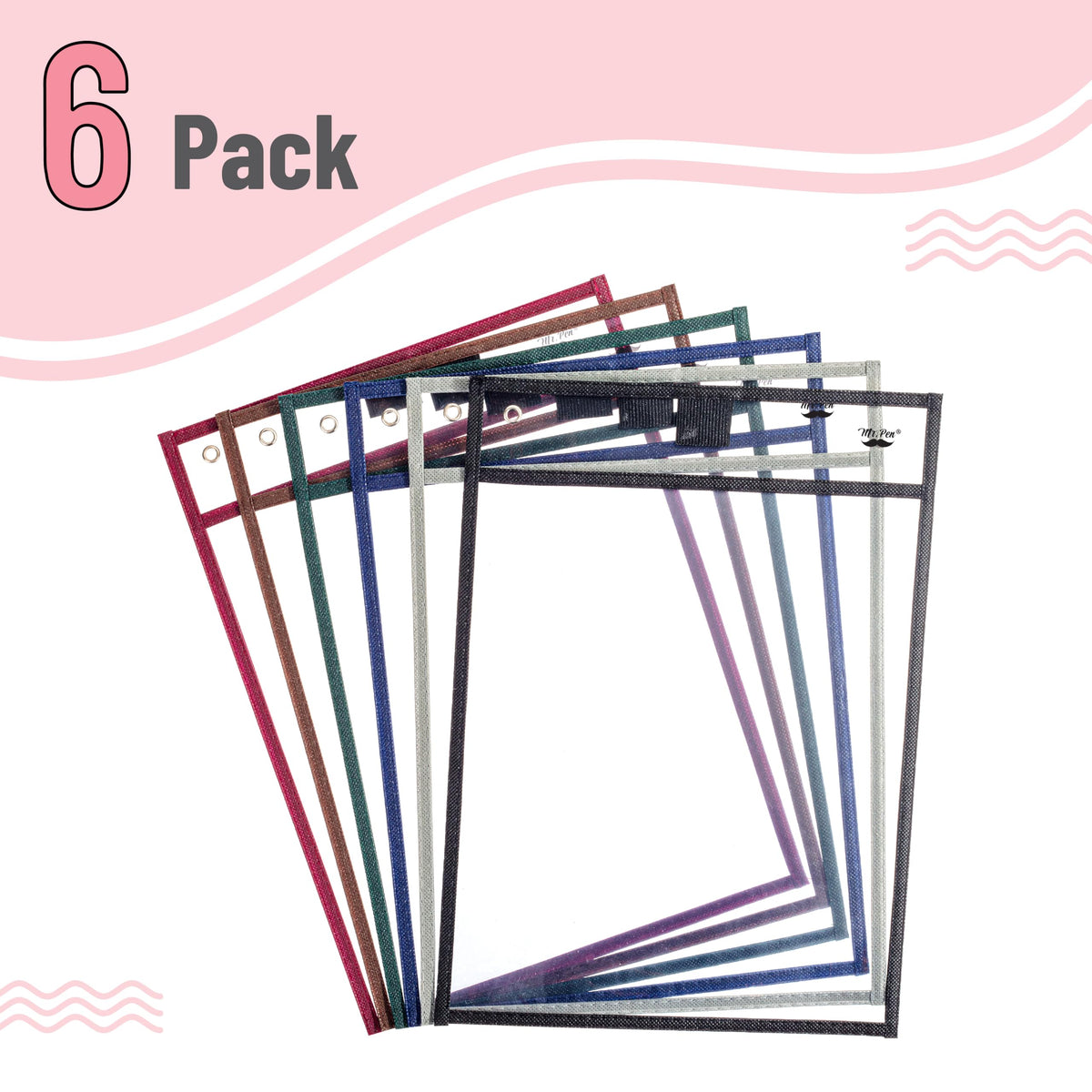 Mr. Pen- Reusable Dry Erase Pocket Sleeves, 10" x 14", 6 Pack, Colorful