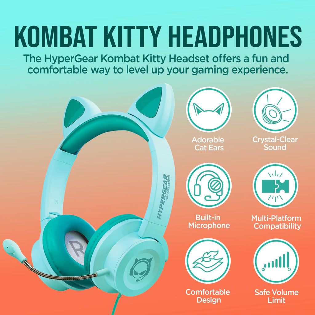 HyperGear Kombat Kitty Headphones for Kids - Cute Cat Ear Kids Headphones with Cord, Gaming Headset with Mic for Girls, Ideal for School, Home & Streaming, Pink