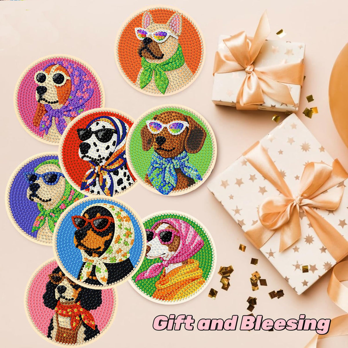 Puraikcmi 8PCs Diamond Paintings Coasters Kits Set, Funny Cat Diamond Art Coasters with Holder, DIY Crafts Diamond Art Kits Adult Craft Diamond Dots Gift