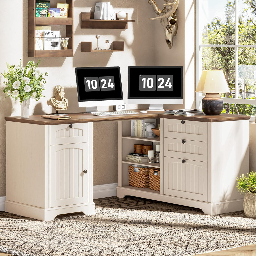 Vabches 51" Executive Desk Farmhouse Home Office Desk with Charging Station, LED Light, File Drawer, Storage Cabinet, Monitor Stand, Wood Computer Desk with Hutch for Work Study Writing (White)
