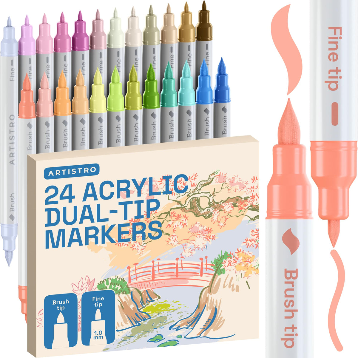ARTISTRO Dual-Tip Acrylic Paint Markers – 1mm Fine & 1–5mm Brush Tip | ASTM D4236 Safe, Multi-Surface