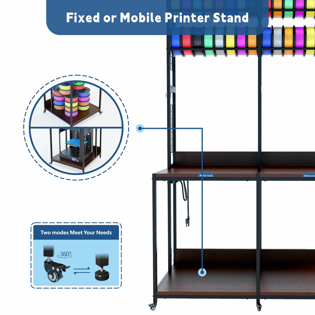 3D Printer Stand with Double Layer 3D Printer Filament Storage Rack, TR22 Heavy Duty Mobile Printer Table with Wheels for Studio Office Storage and Organization