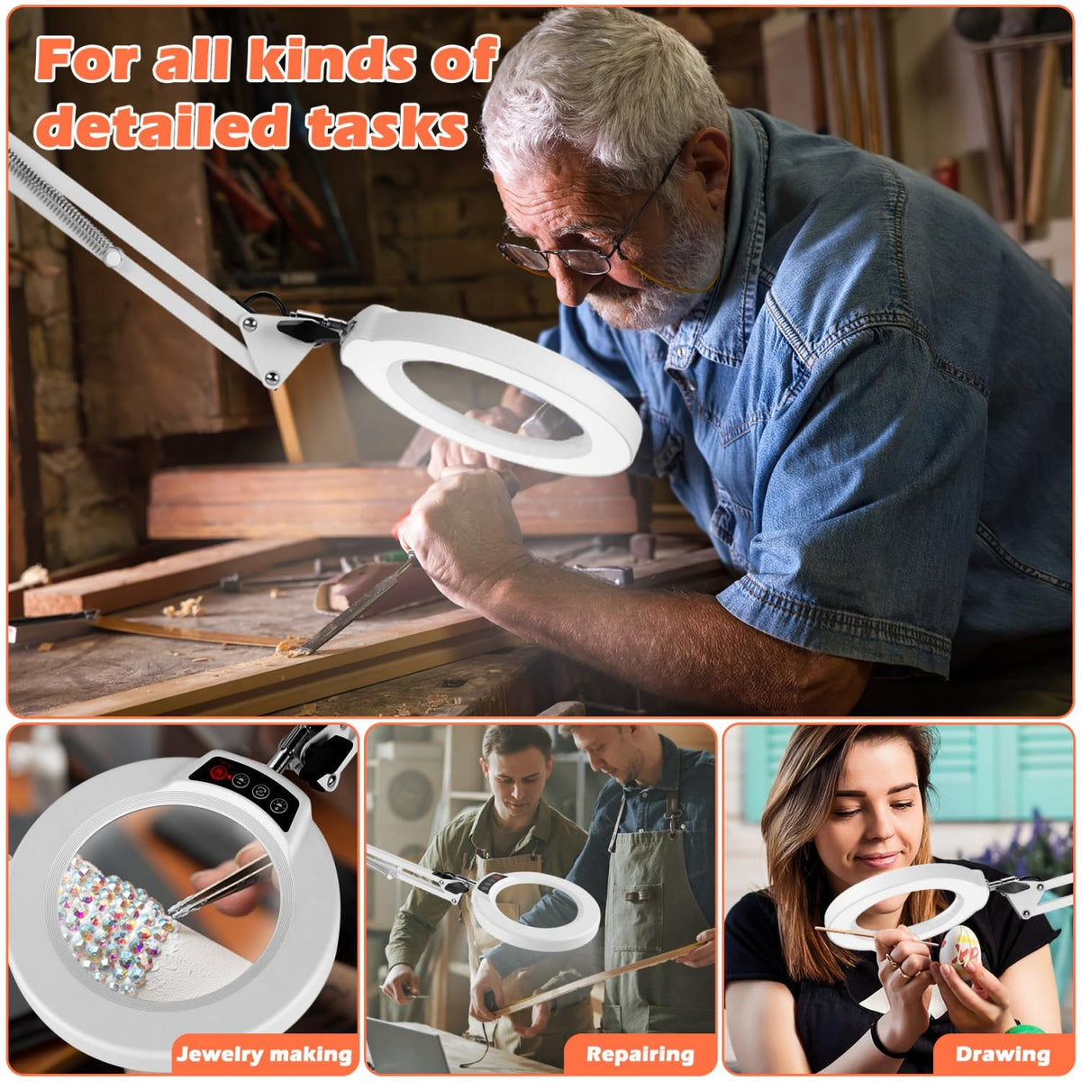 30X 12X Square Magnifying Glass with Light and Clamp, 36'' Ultra Long Lamp