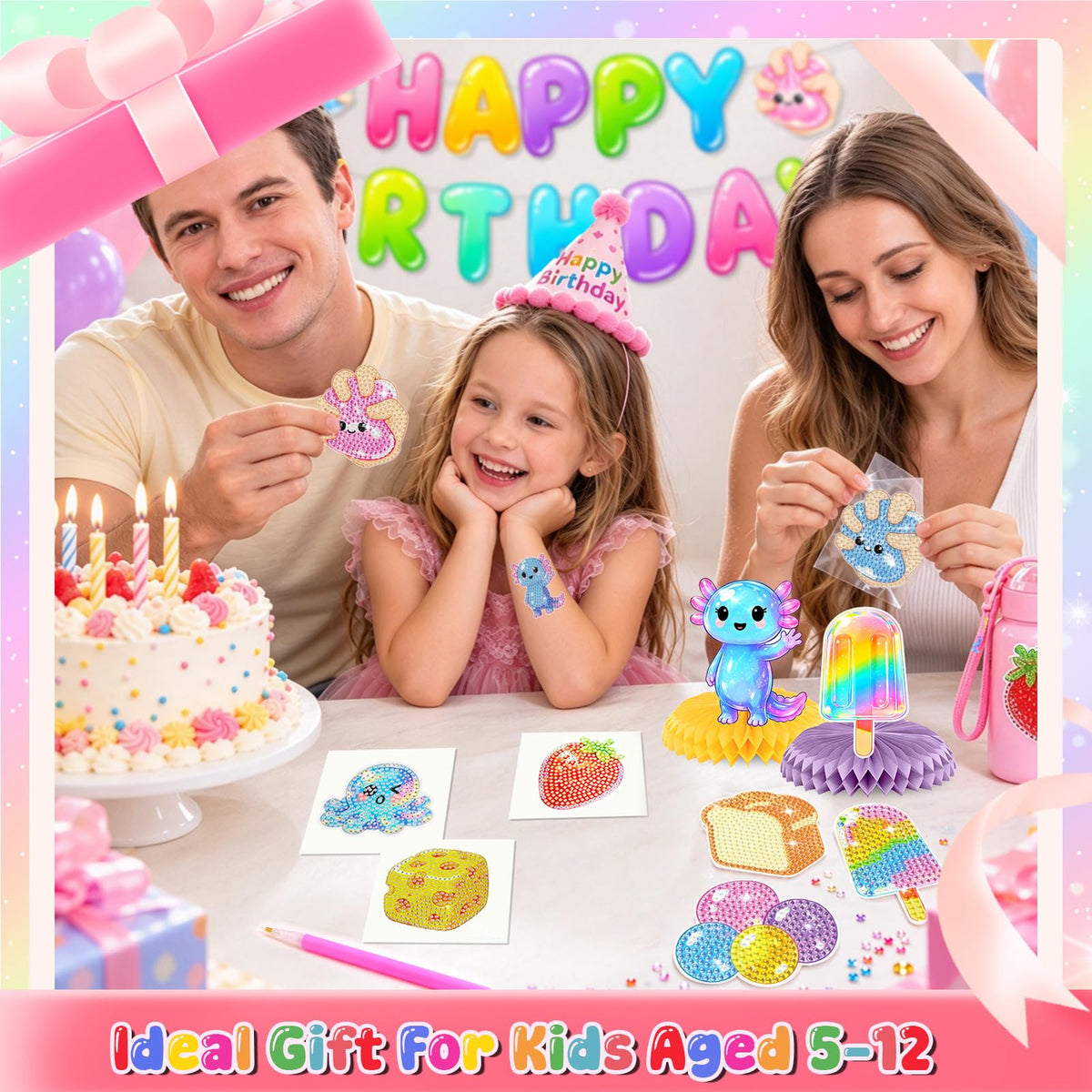Acrylic Squishy Birthday Party Decorations,Dumpling Diamond Art Painting Kits Party Favors Arts and Crafts for Kids Ages 8-12 Make Your Own GEM Keychains for Girls Ages 4-6 Boys Christmas Toys Gifts