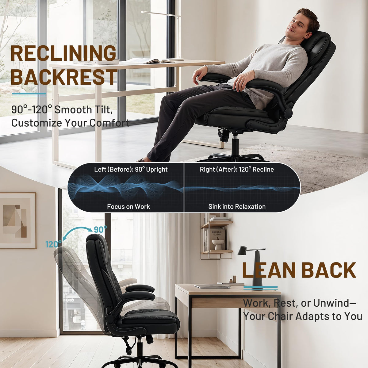 Ergonomic Office Chair, PU Leather High Back Executive Chair with Adjustable Inflatable Lumbar Support and Padded Flip-Up Arms, Recline Swivel Task Computer Chair for Home Office, Khaki