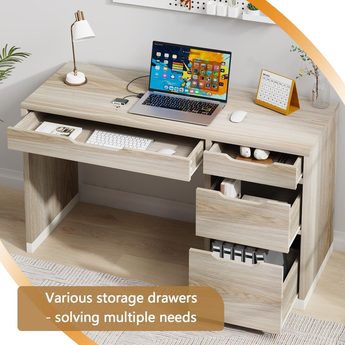 MaverickFurni White Desk with Drawers, 48 Inch Small Computer Desk