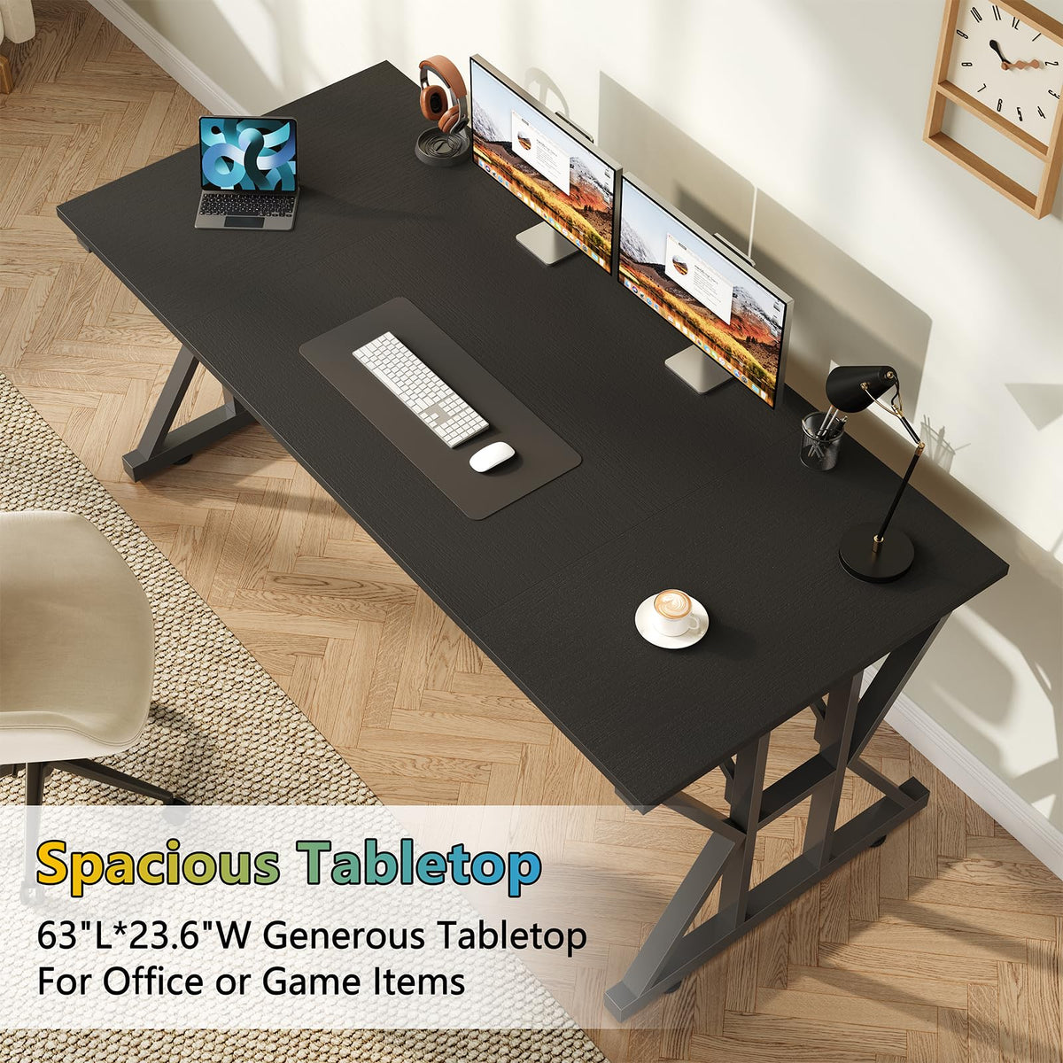 63" Large Computer Desk with Thickened Frame for Home Office, Living Room