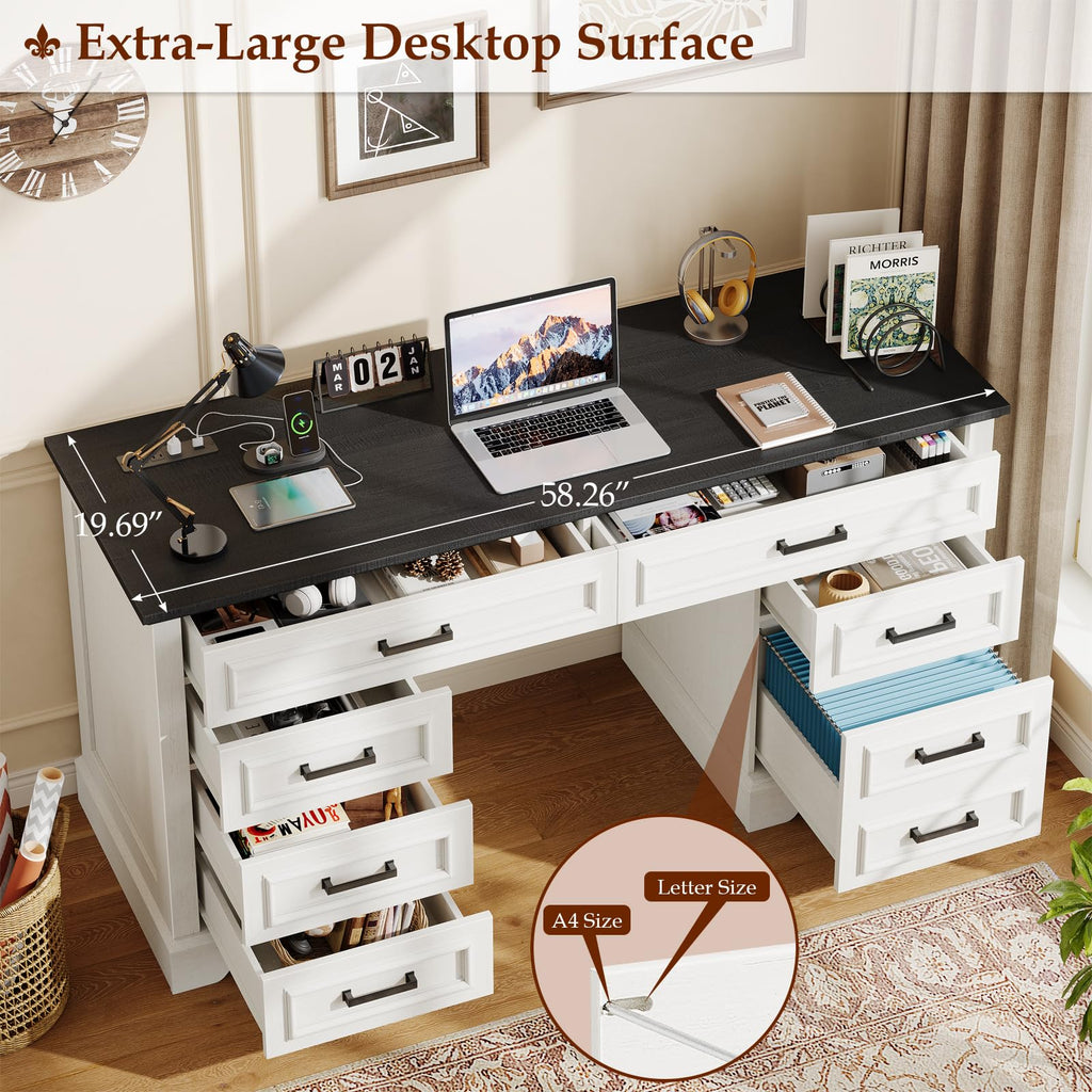 Halitaa: 47" Farmhouse Student Study Desk with 4 Drawers & Monitor Stand