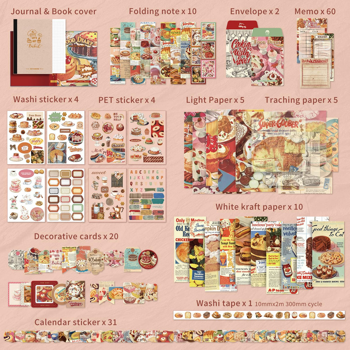 emmoolife 348 Pcs Scrapbooking Supplies Kit, Vintage Aesthetic Scrapbook Kit for Bullet Junk Journal, Stationery, A6 Grid Notebook, DIY Journaling Supplies, Birthday Craft Gift for Teen Girl Women
