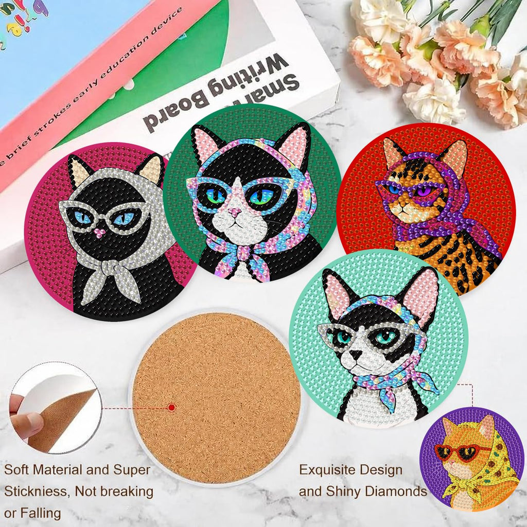 Puraikcmi 8PCs Diamond Paintings Coasters Kits Set, Funny Cat Diamond Art Coasters with Holder, DIY Crafts Diamond Art Kits Adult Craft Diamond Dots Gift