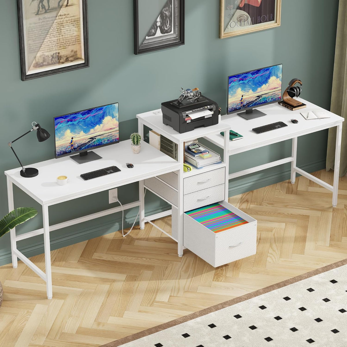 GYIIYUO 93'' Two Person Desk with Charging Station, Long Desk with 3 Drawer