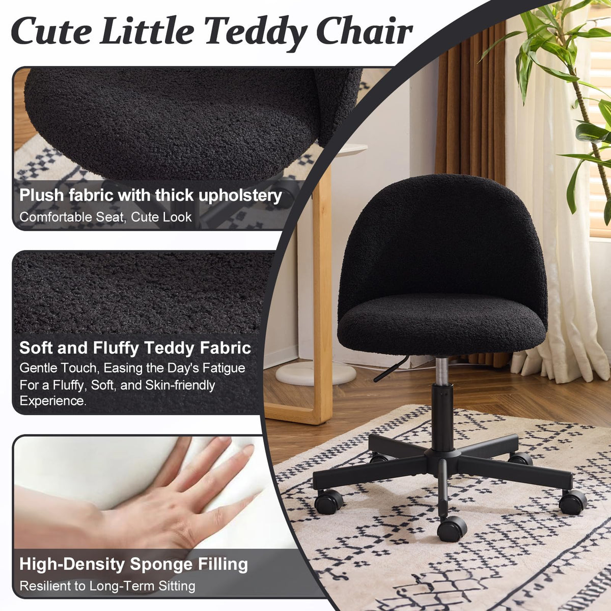VINGLI Cute Candy Chair Armless Comfy Small Office Desk Vanity Chair with Wheels & Lumbar Support,Teddy Adjustable Rolling Swivel Computer Task Ch for Home Office,Bedroom,Gentle Pink