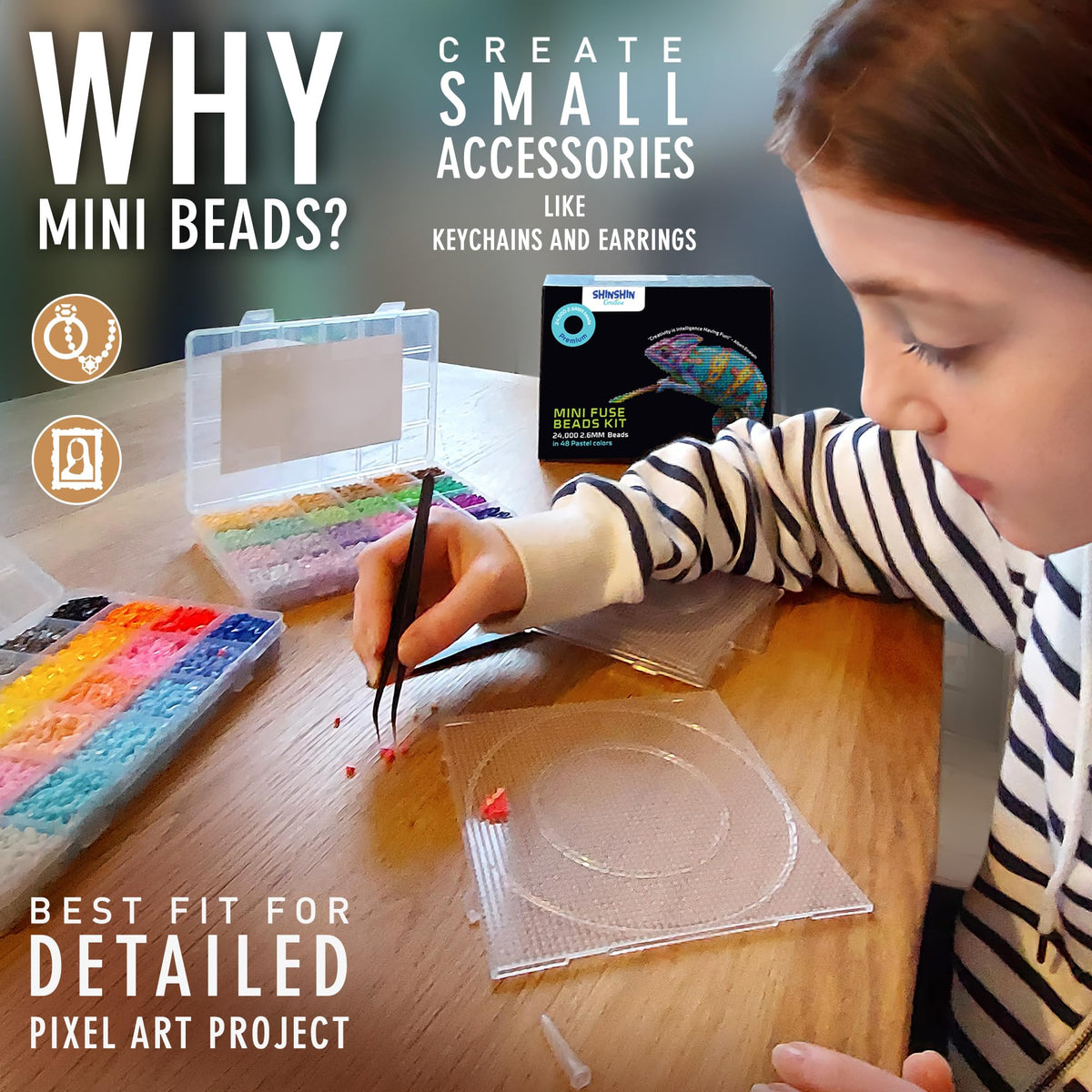 24,000 Mini Fuse Beads Kit - Tiny 2.6mm, 48 Colors, 5 Pegboards, Pixel Art
