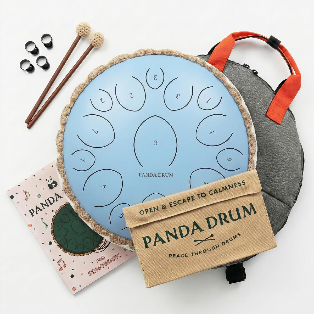 Panda Drum Pro 15" Steel Tongue Drum — 15-Note Hand Pan with Accessories