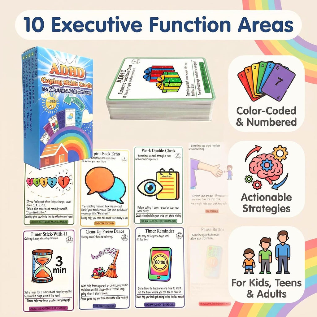 ADHD Coping Skills Cards for Kids, Teens & Adults, 63 Pcs/Set, Ages 5+