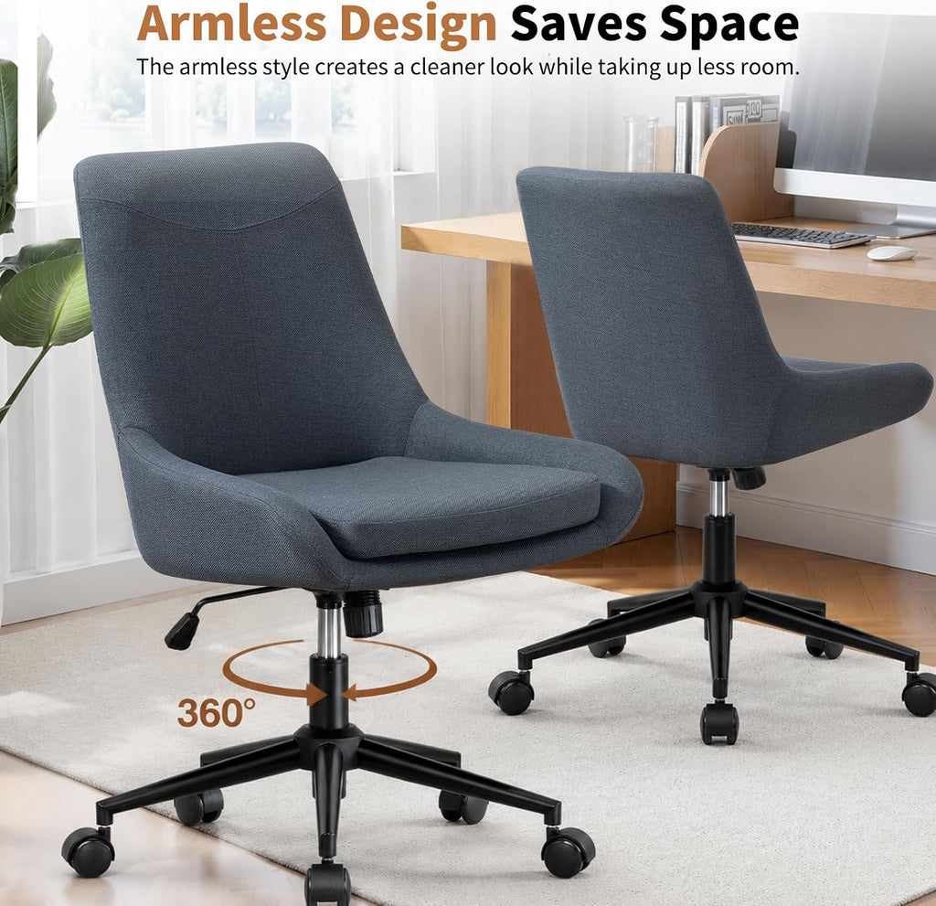 Home Armless Office Desk Chair, Linen Small Computer Chair with Adjustable Height, Removable Cushion, Comfy Rolling 360° Swivel Vanity Task Chair, Blue