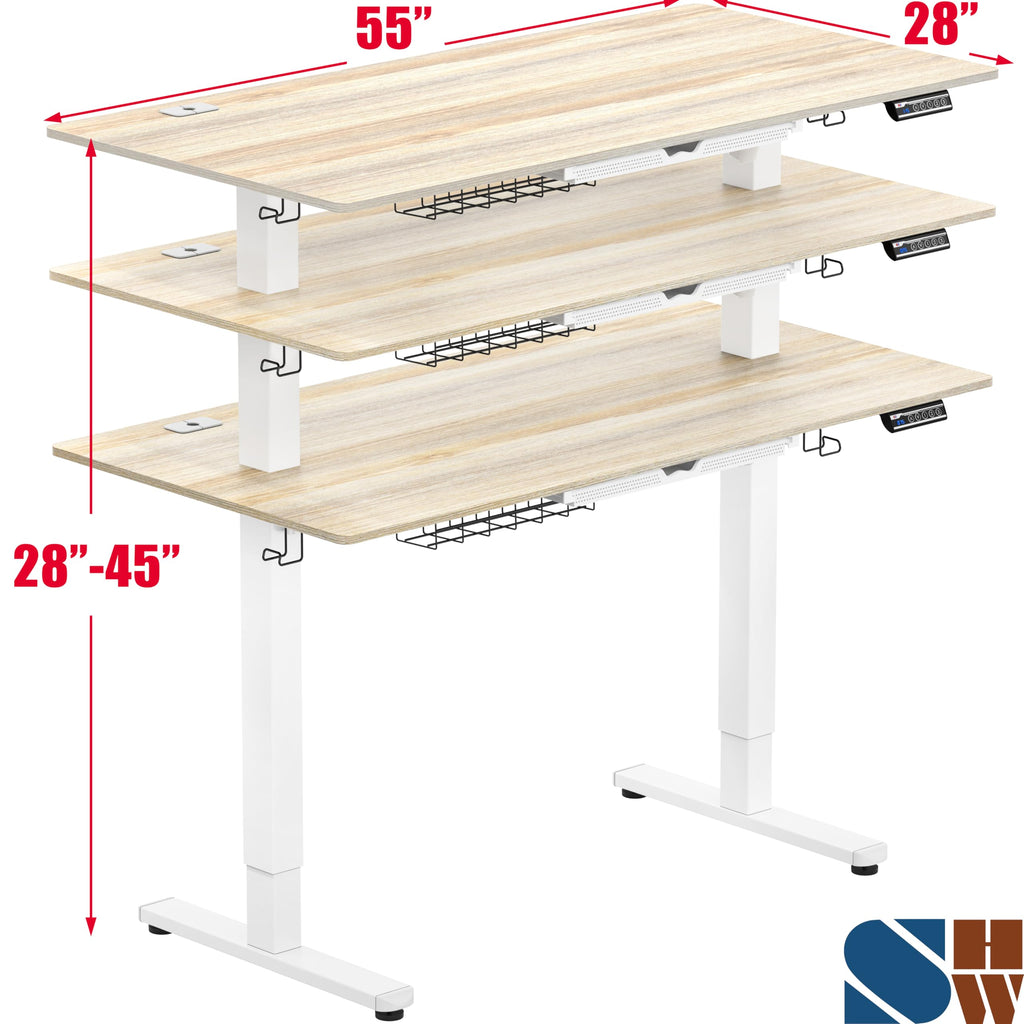 SHW 55 x 28 Electric Height Adjustable Standing Desk w/Drawer, White
