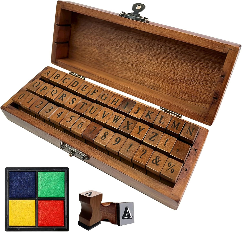 42-Piece Wooden Alphabet Rubber Stamp Set with Ink Pad – Letters, Numbers & Symbols