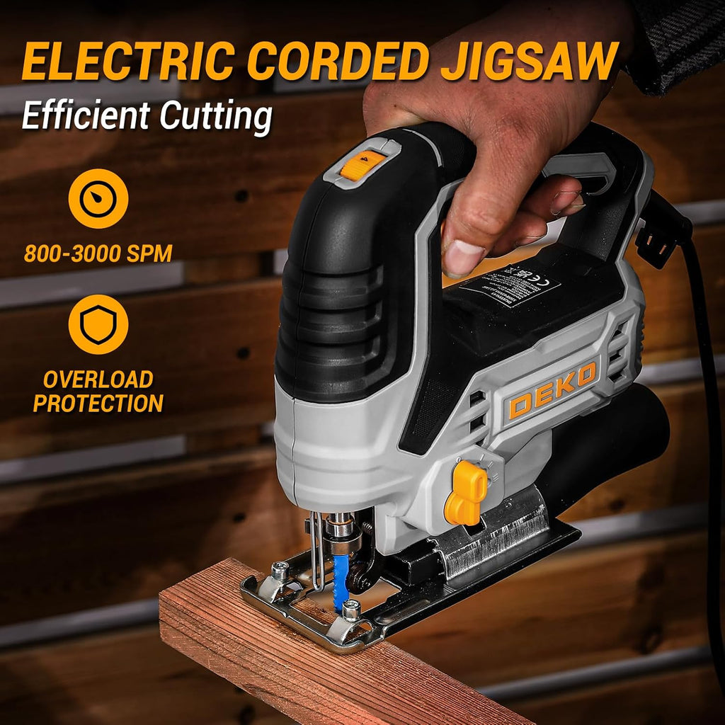 Jig Saw Corded: DEKOPRO Electric Jigsaw Tool Power Jig Saws for Woodworking, Wood Cutter Hand Tool with 6 Variable Speed, 4 Orbital Settings, ±45° Bevel Cutting, Tool-less Blade Quick Release