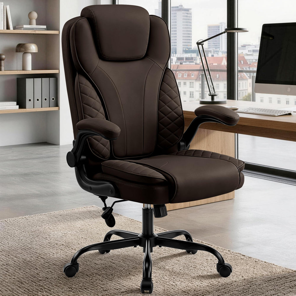 Ergonomic Office Chair, PU Leather High Back Executive Chair with Adjustable Inflatable Lumbar Support and Padded Flip-Up Arms, Recline Swivel Task Computer Chair for Home Office, Khaki