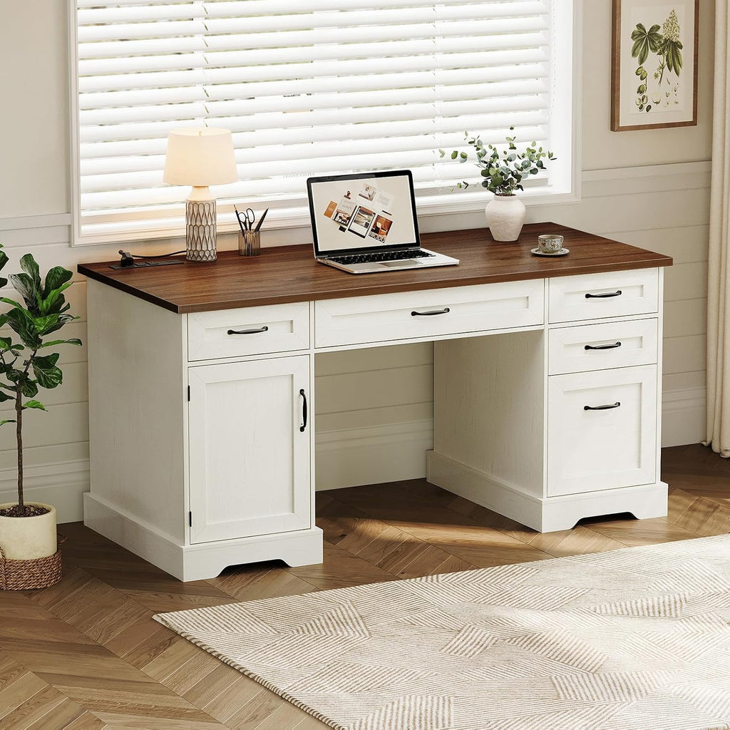 OffiGo Farmhouse 59 Inch Executive Desk with Drawers, Walnut+White