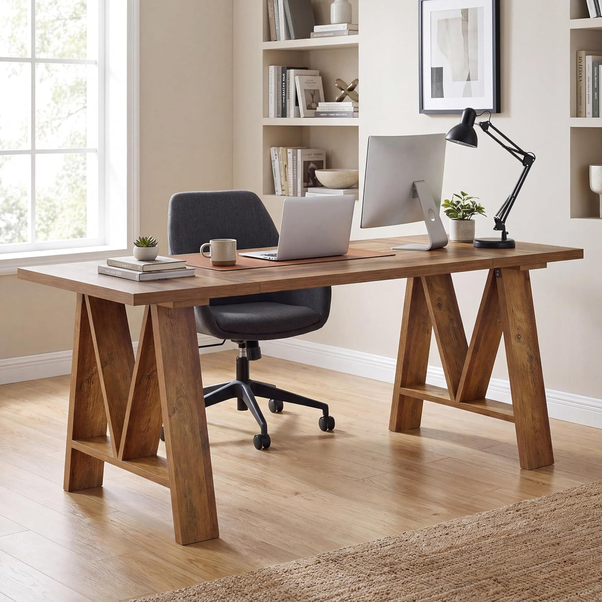 Tribesigns: 63" Farmhouse Executive Desk with A-Frame Legs (Brown)