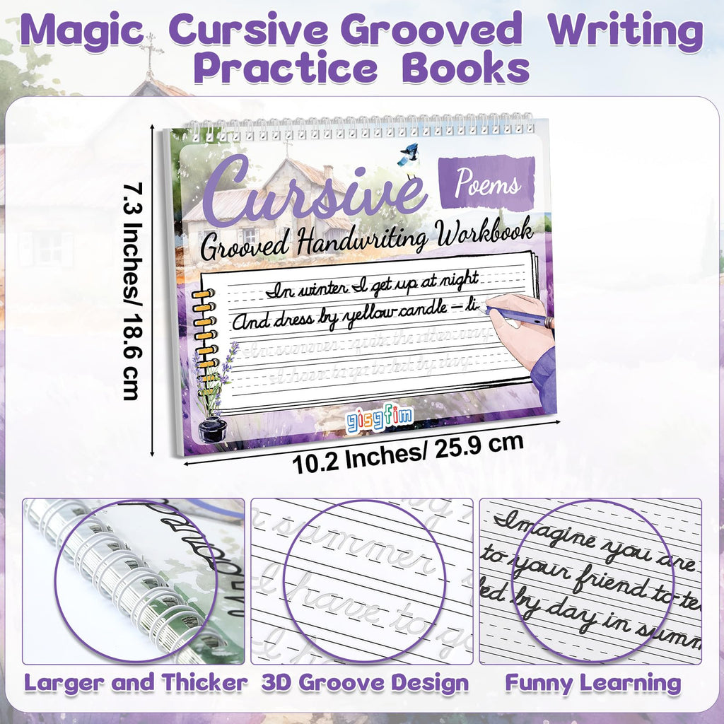 Grooved Cursive Handwriting Workbook Magic Reusable Grooved Cursive Handwriting Practice Guided Tracing with Disappearing Ink Pens for Beginners Kids Learning Activities Supplies (Letters)