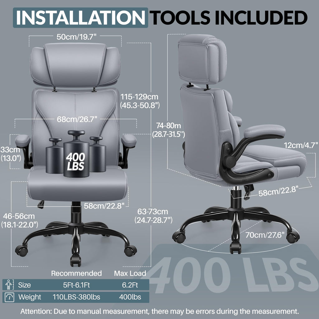 HeroSet Office Chair, Ergonomic Big and Tall Computer Desk Chairs, Executive Breathable Leather Chair with Adjustable Flip-up Armrests, Lumbar Support Swivel PC Chair with Rocking Function,Matte Black