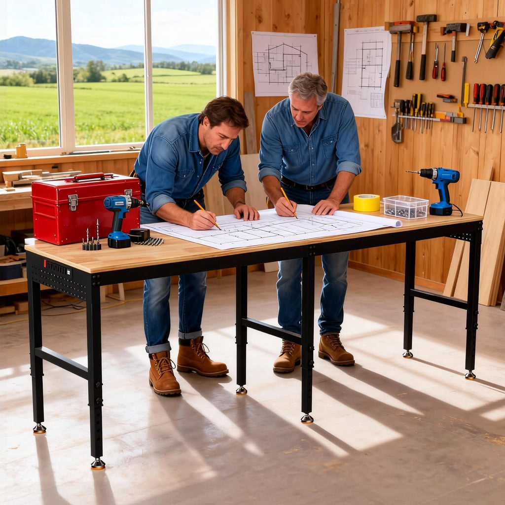 Betterhood 48" Heavy-Duty Adjustable Workbench for Garage, Rubber Wood Shop Table W/Metal Wheels, Hardwood Workstation Weight Capacity Over 2000 Lbs with Wheels