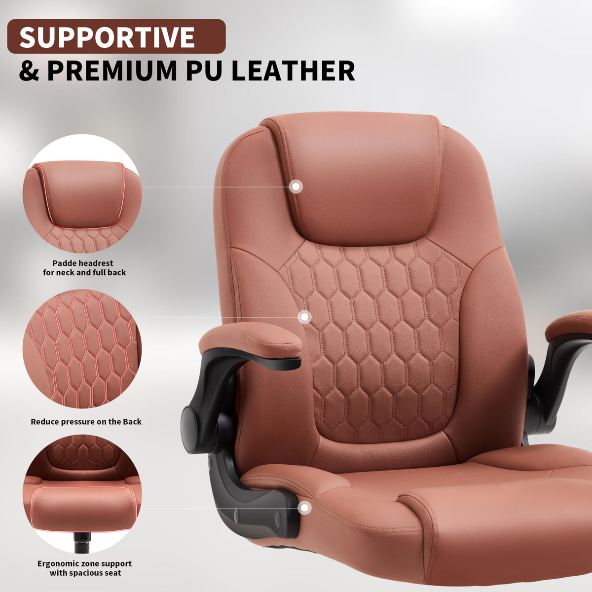 Leather Office Chair Swivel Lumbar Support for Short People Black