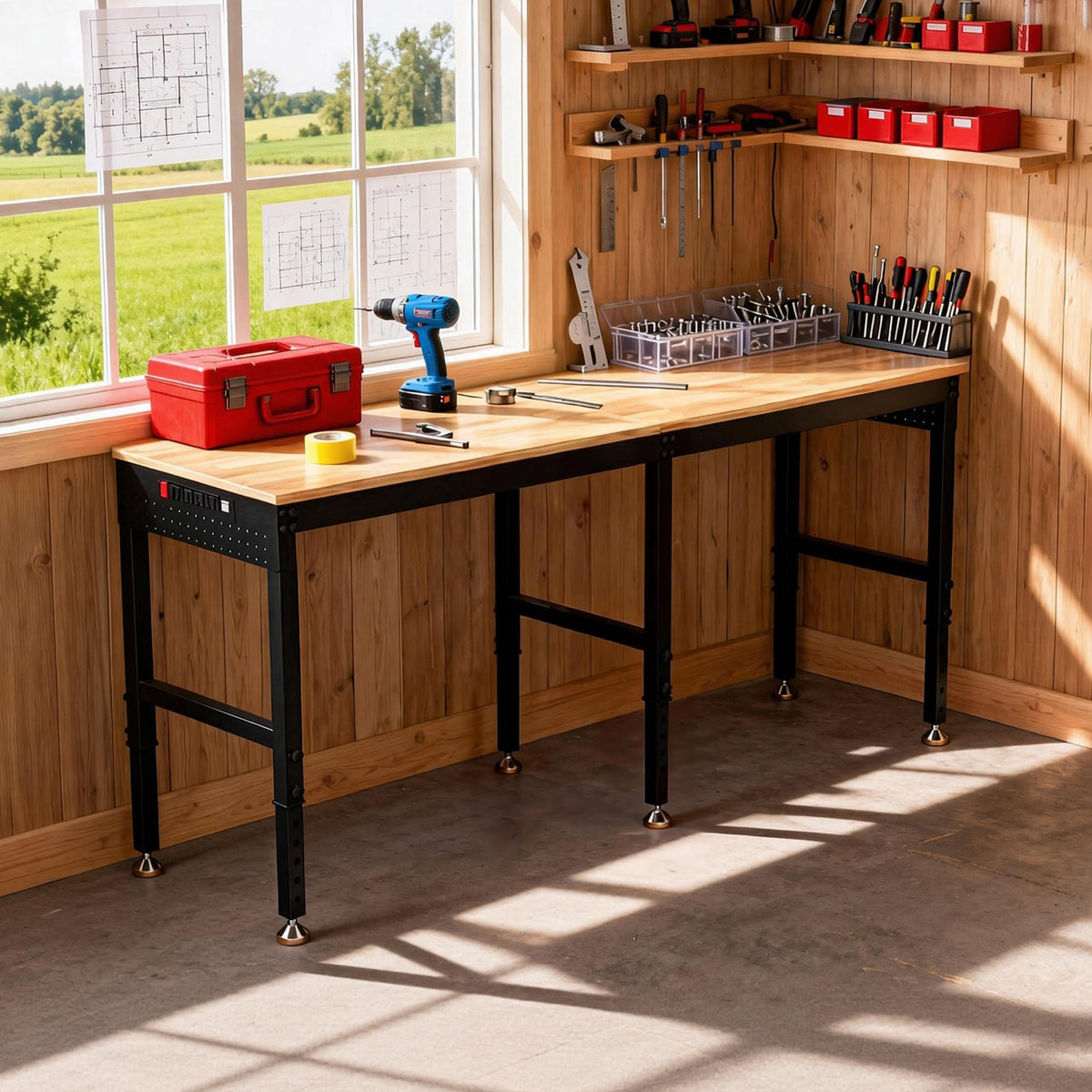 Betterhood 48" Heavy-Duty Adjustable Workbench for Garage, Rubber Wood Shop Table W/Metal Wheels, Hardwood Workstation Weight Capacity Over 2000 Lbs with Wheels