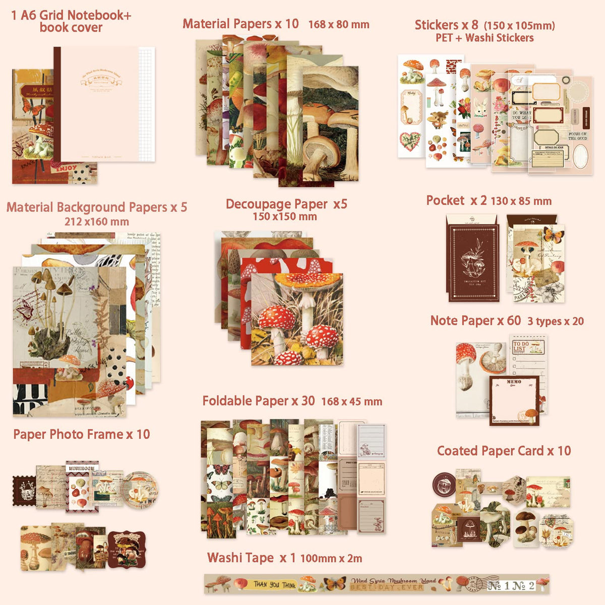 emmoolife 348 Pcs Scrapbooking Supplies Kit, Vintage Aesthetic Scrapbook Kit for Bullet Junk Journal, Stationery, A6 Grid Notebook, DIY Journaling Supplies, Birthday Craft Gift for Teen Girl Women