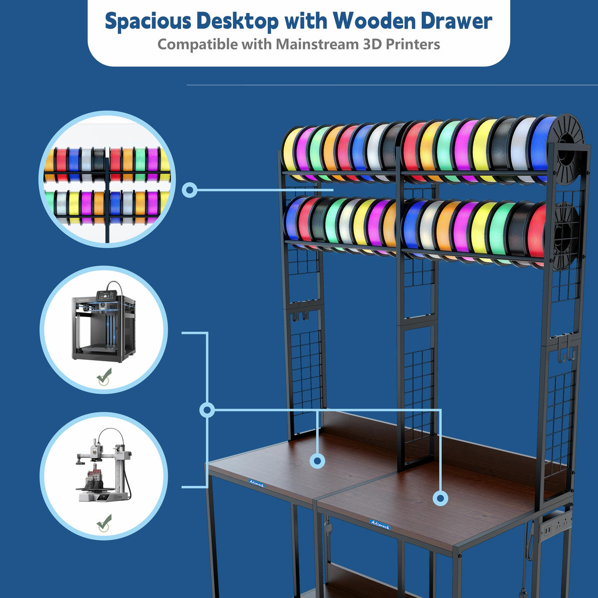 3D Printer Stand with Double Layer 3D Printer Filament Storage Rack, TR22 Heavy Duty Mobile Printer Table with Wheels for Studio Office Storage and Organization