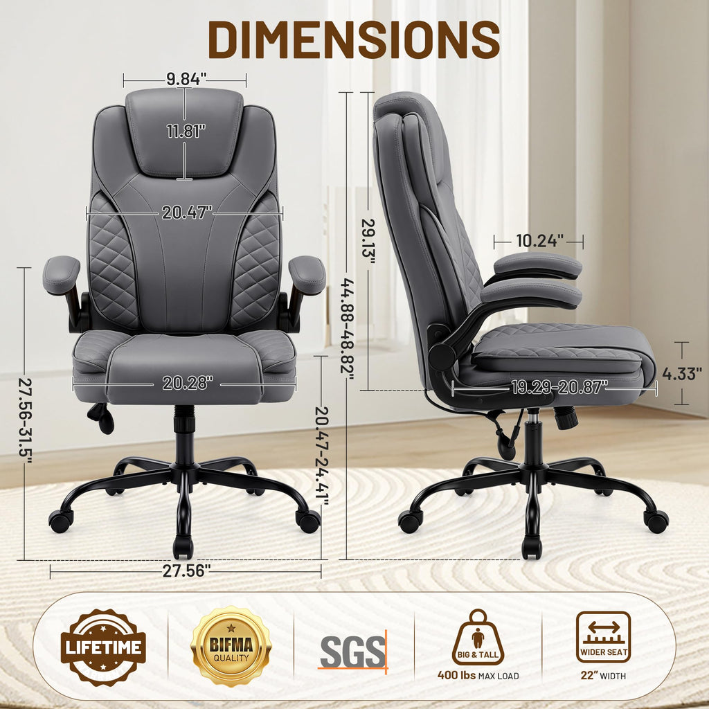 Ergonomic Office Chair, PU Leather High Back Executive Chair with Adjustable Inflatable Lumbar Support and Padded Flip-Up Arms, Recline Swivel Task Computer Chair for Home Office, Khaki