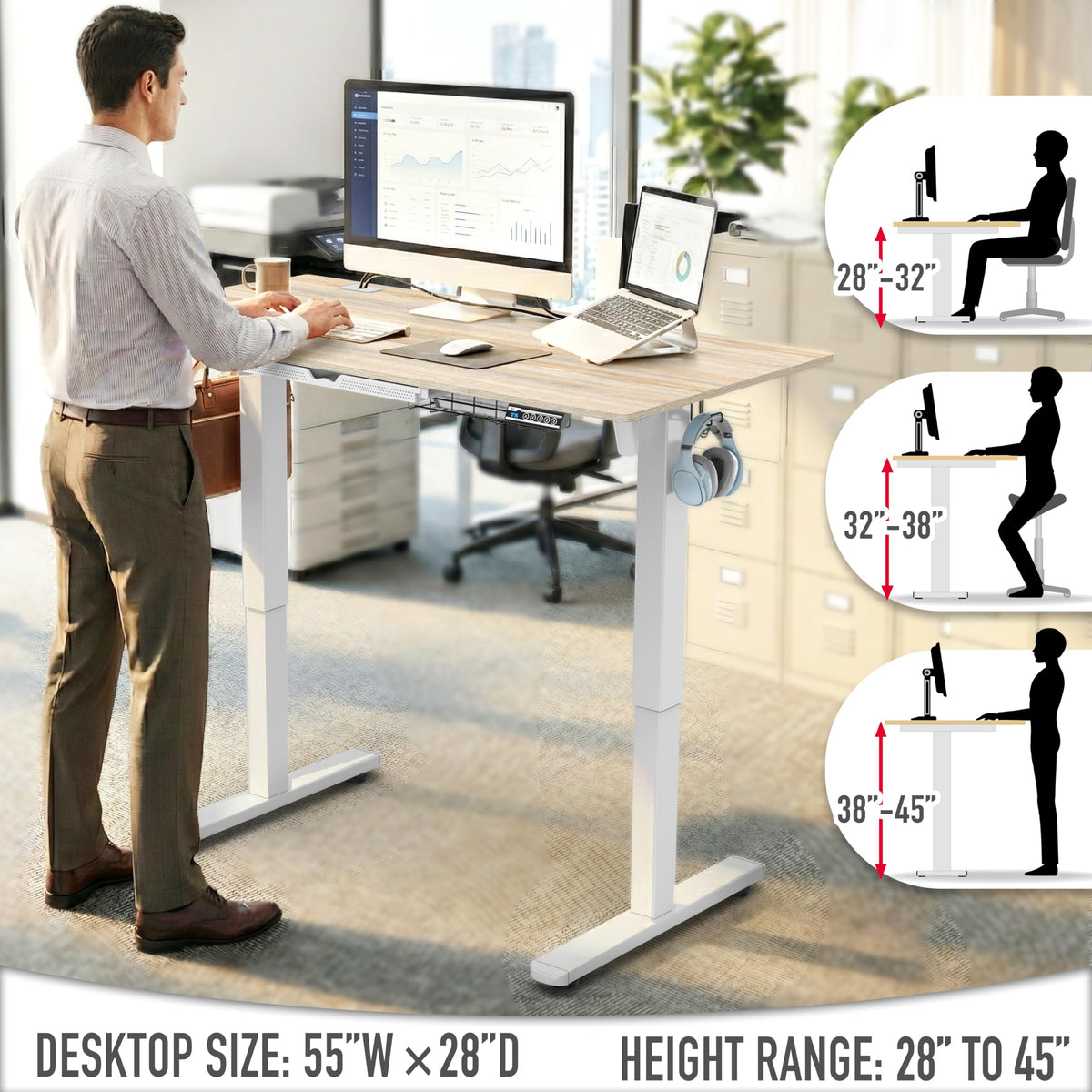 SHW 55 x 28 Electric Height Adjustable Standing Desk w/Drawer, White